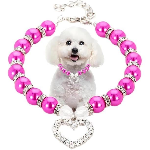 Hot Pink Pearl Dog Necklace, Beaded Cat Collar with Cute Crystal Heart Pendants Girl Dogs Necklace with Diamond Rhinestone for Puppy Small Medium