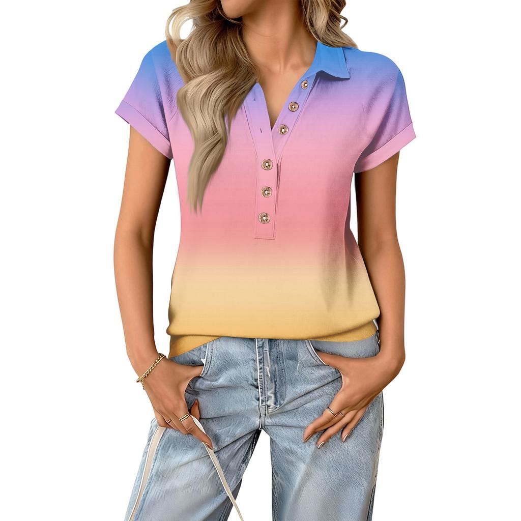 Damen modisches und lässiges Sommer V-Ausschnitt Patchwork Kurzarm Farbverlauf Top