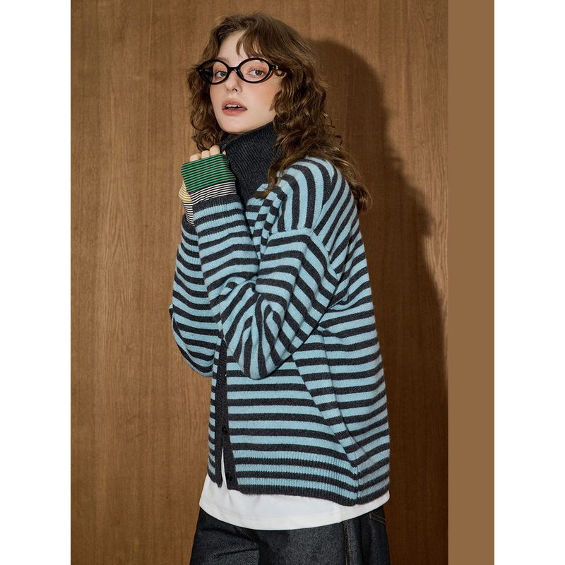Coolhut2025 Autumn and Winter New Fashion Elegant Long-Sleeved Cardigan Korean Style Casual Lazy Style Contrasting Stripes