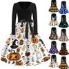 Women's Casual Vintage V Neck Dress Halloween Printed Long Sleeve Retro Style Pumpkin Bat Pattern Full Skirt Dress with Waist Tie