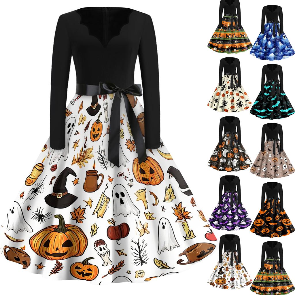 Women's Casual Vintage V Neck Dress Halloween Printed Long Sleeve Retro Style Pumpkin Bat Pattern Full Skirt Dress with Waist Tie