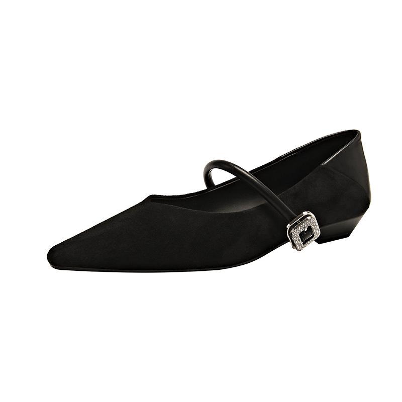Fashion Elegant Wedge Heel Mary Jane Shoes Women Sexy Pointed Toe Metal Buckle Strap Design Flats Comfortable Faux Suede Women Footwear