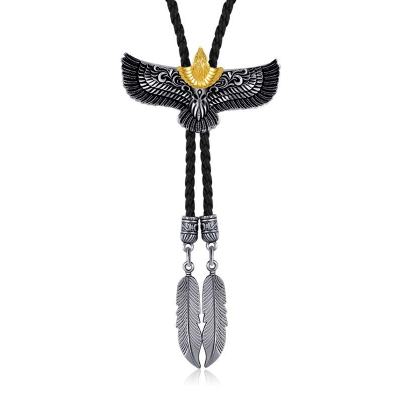 

Mens Women Bolo Tie Cowboy Necktie Leather Rope Necklace with Metal Flying Eagle Feathered Pendant Jewelry Shirt Chain 1