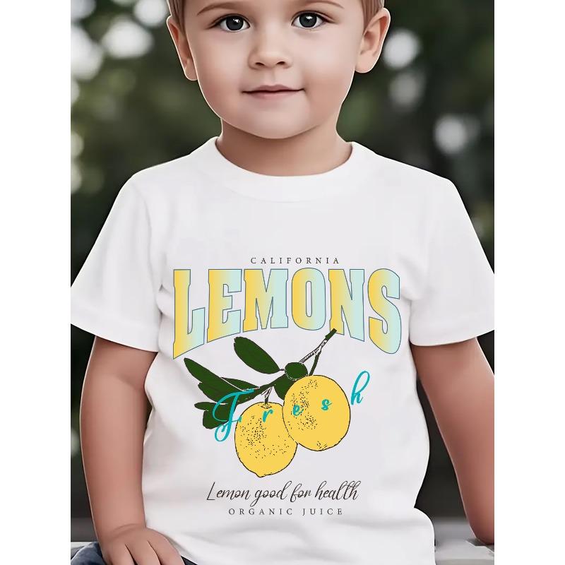 Boys Summer Crewneck Tee, Healthy Lemon Juice Cartoon Print Outdoor Casual Short Sleeve Top 110 белый