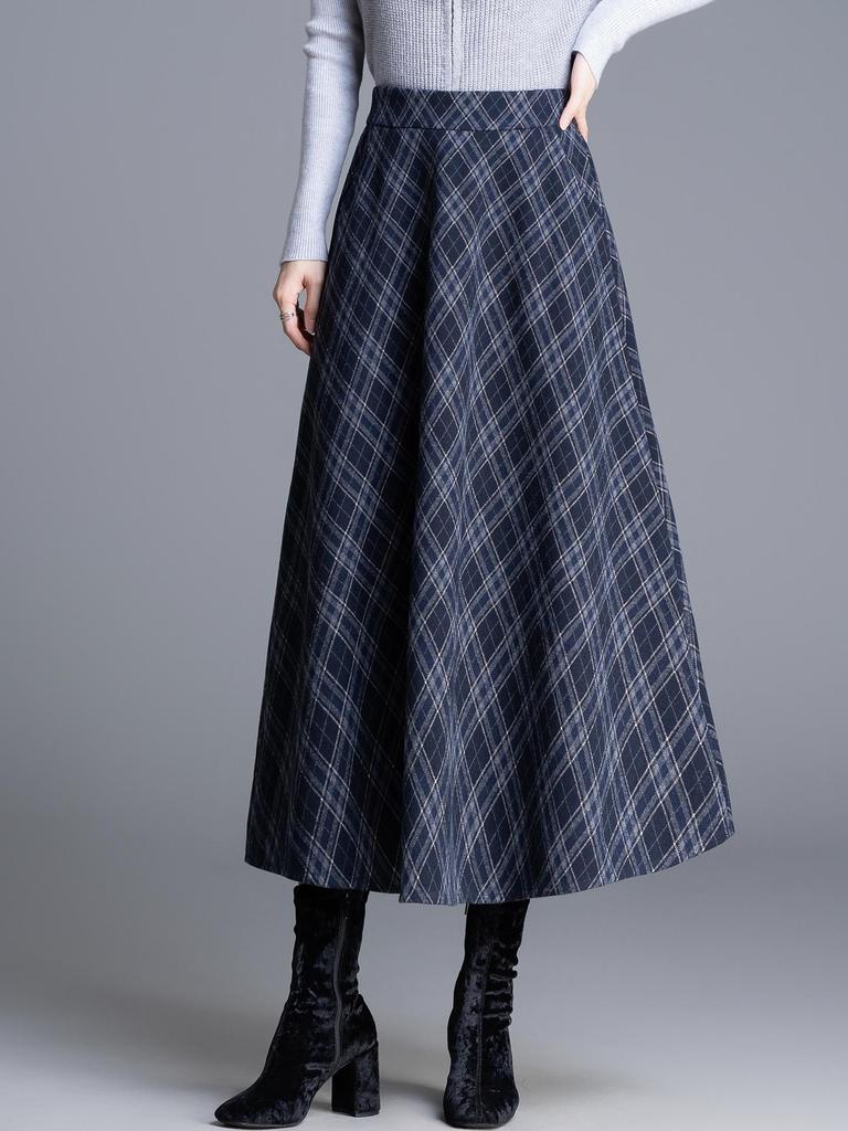 Chic High-Waisted Plaid A-Line Skirt - 2025 Autumn/Winter, Long Length, Women's Cozy Fashion