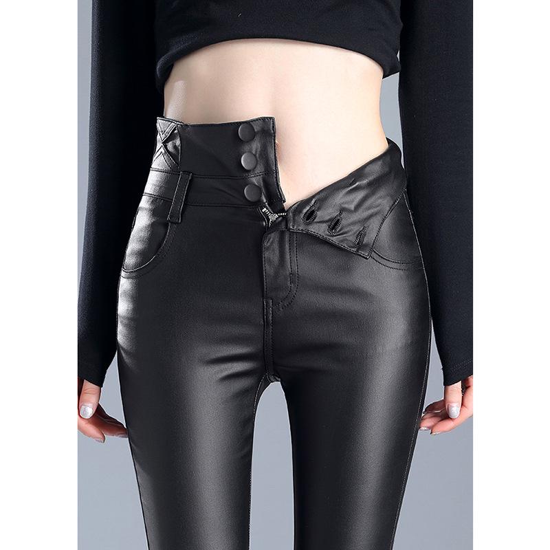 Women's High-Waist Matte Leather Skinny Pants - Elastic, Slimming, Plus Velvet, Autumn/Winter 2025.