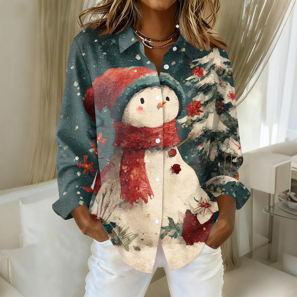 Women's Christmas Printed Button Up Long Sleeved Casual Regular Shirt With Collar Top