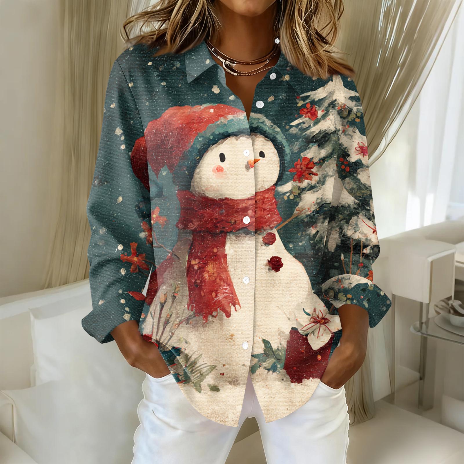 

Женская повседневная рубашка с длинным рукавом на пуговицах с рождественским принтом и воротником XXXL