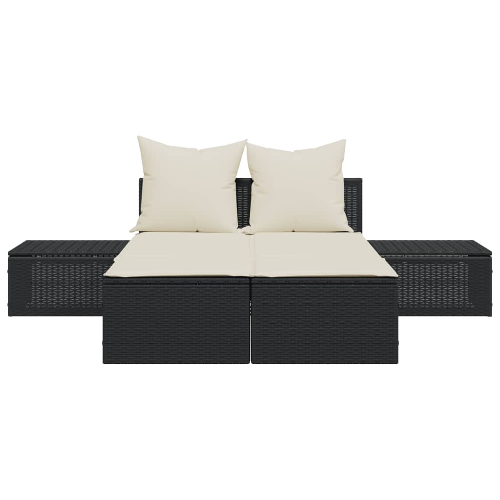Double Sun Lounger with Cushions Black Poly Rattan