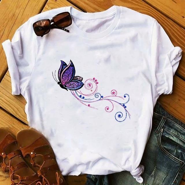 Women T Shirt Butterfly Heart Print T Shirt Female Summer Casual Cute Graphic Tee Tops Women Summer Funny Harajuku T-Shirts Tops