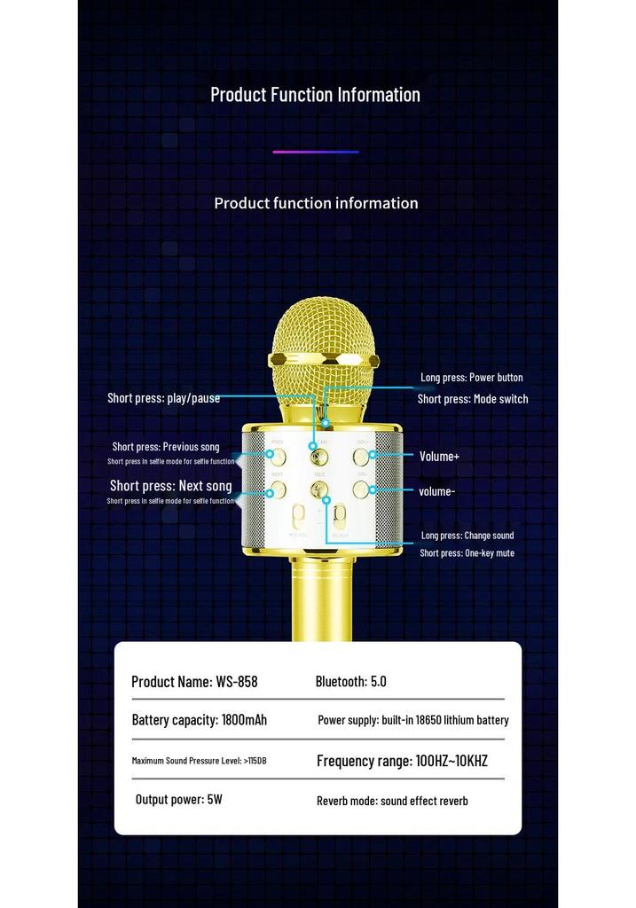WS858 Wireless Bluetooth Karaoke Microphone & Speaker for Kids