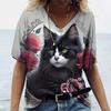 Summer Cat T-Shirts Kitten Animal 3D Print New Women's Casual Short Sleeve V-Neck T Shirt Y2K Tees Harajuku Tops Female Clothing