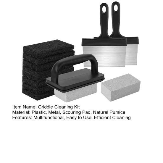 1 Set BBQ Griddle Cleaning Tool Kit with Handle Scraper Scouring Pad Pumice Stone Brush Multifunctional Barbecue Flat Top Grill Cleaner Kit
