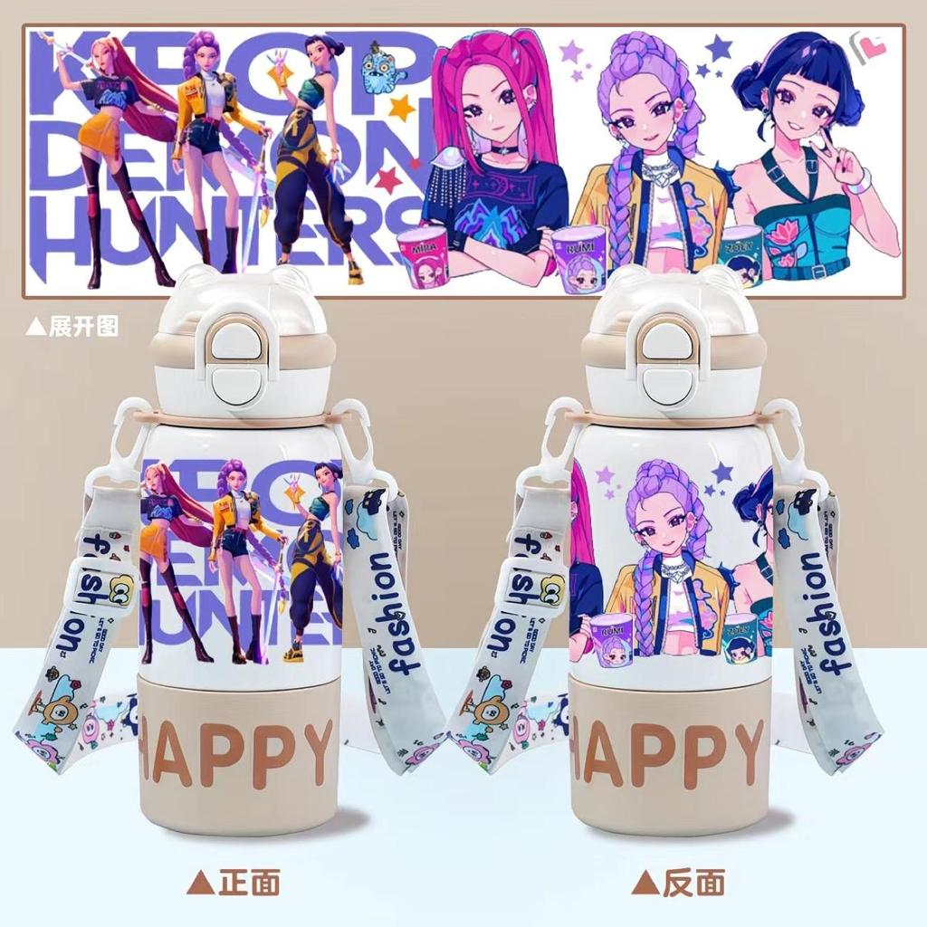 Kpop demonjägare Vattenflaska Dubbla lock med Sugrör och Rem 500ml, 316 Rostfritt Stål, Läckagesäker Anti-Mislock