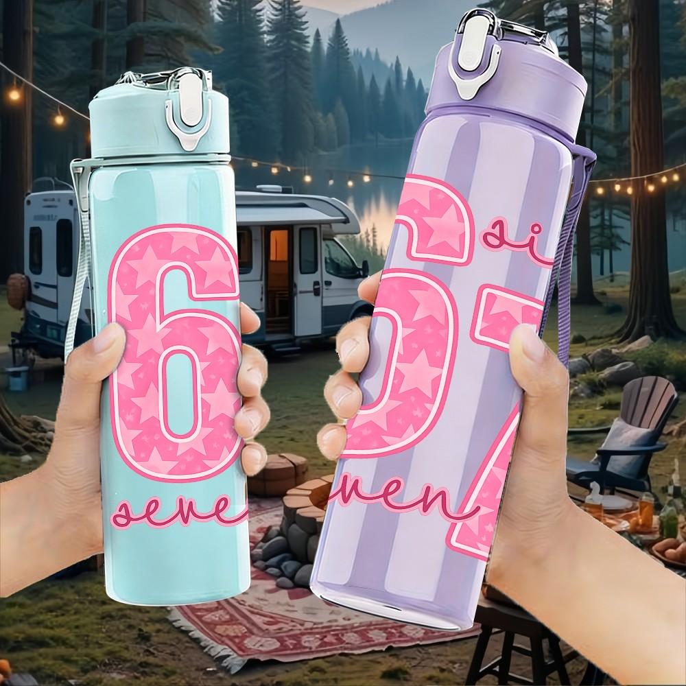 1PC Pink Number 67 Girly Text Print 750ml Color Plastic Sports Water Bottle Leakproof Flip Straw Lid Suitable for Sports Office Home Use