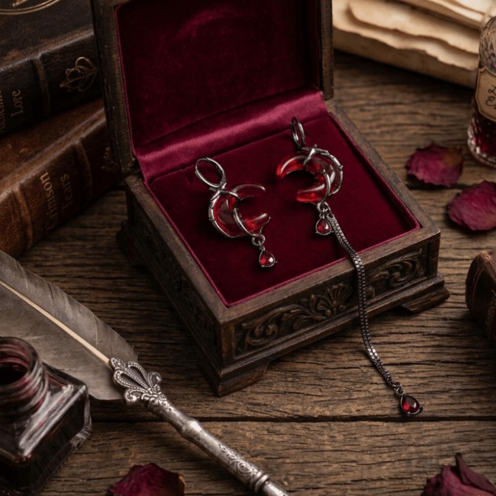 Red Crystal Asymmetry Earrings Tassel Chain Women Dangle Earrings Rhinestone Moon Earrings  Gift