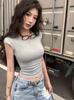 Women Solid Black Ribbed Knit Crop T-Shirt, Cap Sleeve Halter Neck Twisted Deep Open Back Slim Fitted Summer Backless Top