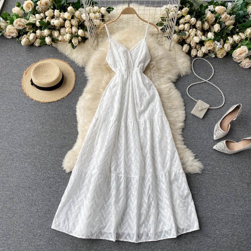 V Neck Silm Long Machine Embroidery Sling Dress