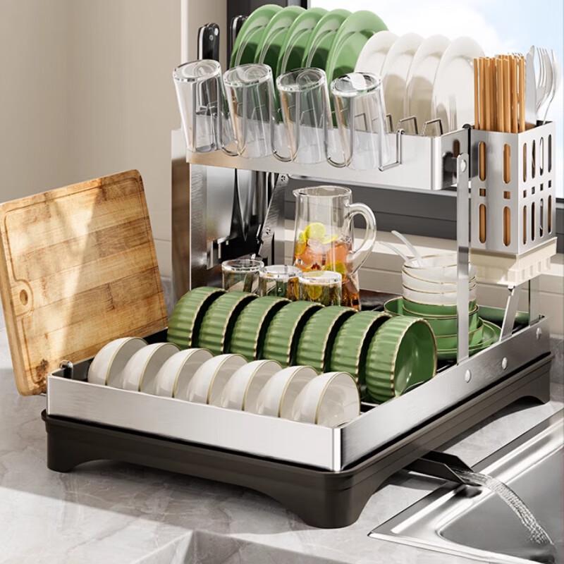 Stainless Steel 2-Tier Kitchen Dish Drying Rack with Holders