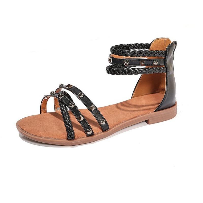 Fashion Summer Women Flats Shoes Bohemian Roman Style Flat Back Zipper Splicing Printing Skirt Female Sandals Holiday Beach Sandalias