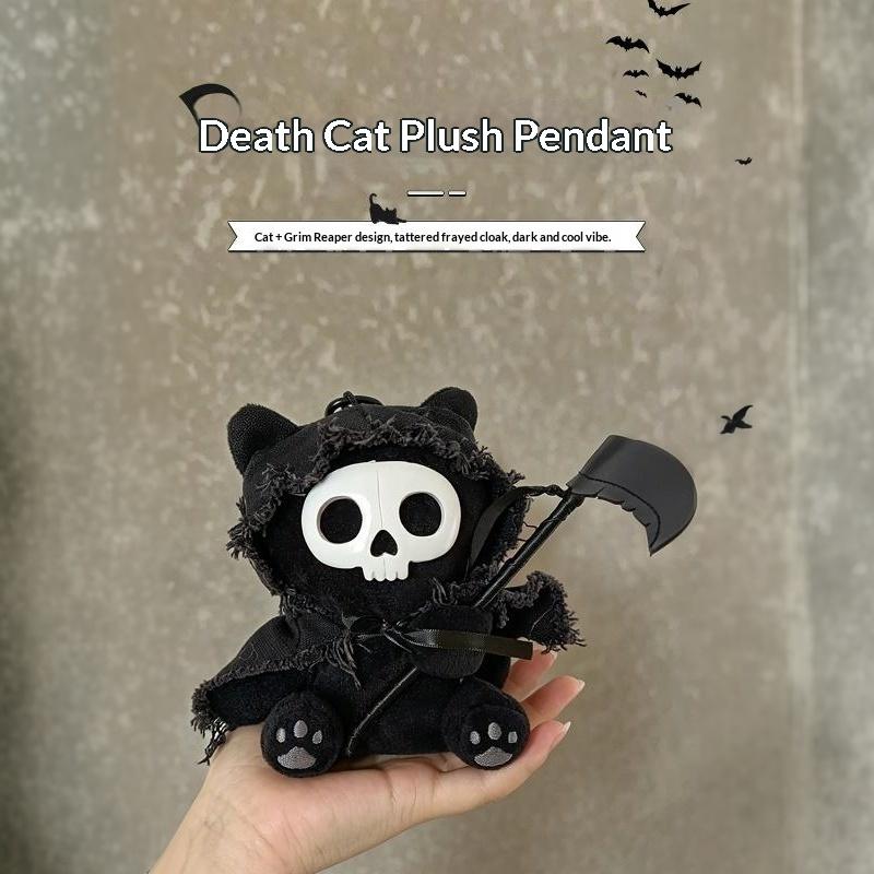 Grim Reaper Cat Plush Keychain Dark Style Skull Cat Doll Pendant With Scythe For Backpack Halloween Party Decoration Gift