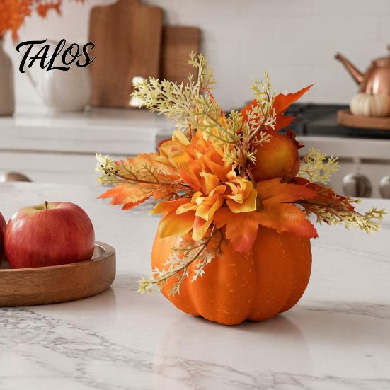 Indoor Halloween Holiday Accents Fall Pumpkin Table Ornament, Artificial Foam with Flower, Maple Centerpiece for Home Leaves, Berry Autumn Harvest