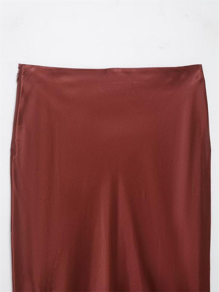 Women's European & American Color Block Lace Trim Silk Satin Skirt