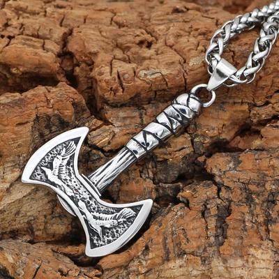 Nordic Viking Raven Axe Stainlee Steel Amulet Talisman Pendant Necklace with Viking Gift Bag