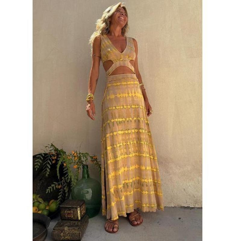 

Sleeveless Hollow Out Deep V-neck Long Dress 2026 Summer Print Sexy Slim Fit Women Vacation Holiday Beach Style A-line Dresses Fashion Evening Dresses S жёлтый