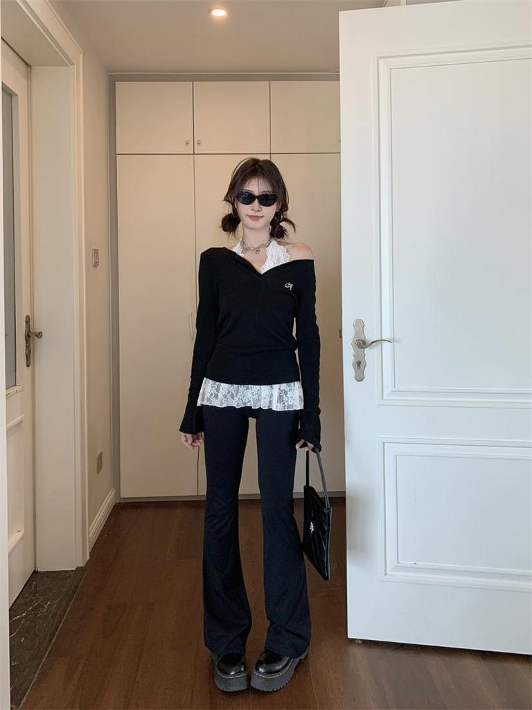 Women's Sweet & Spicy Chic Embroidered Slimming Black Long-Sleeve Sweater for Early Autumn