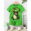 Boys' Spring and Autumn Set with Stylish Dinosaur Print Round Neck Short Sleeve T-Shirt and Shorts Casual