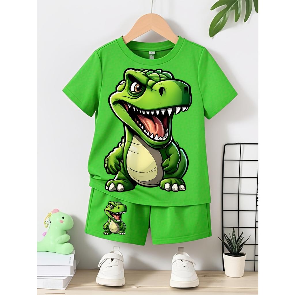 Boys' Spring and Autumn Set with Stylish Dinosaur Print Round Neck Short Sleeve T-Shirt and Shorts Casual