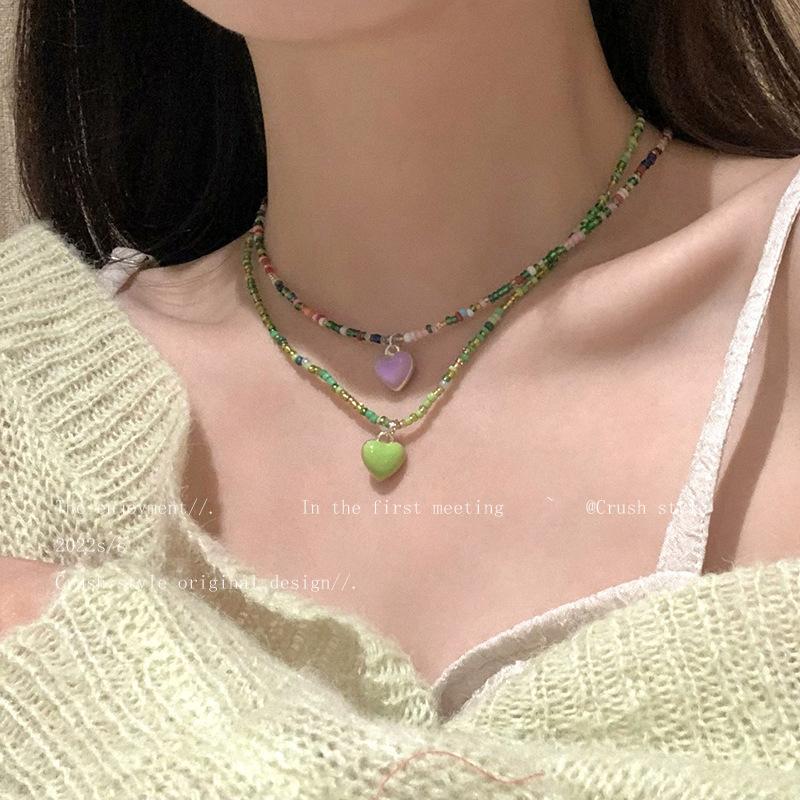 Versatile Mori Candy Color Love Beaded Necklace Cute Girl Sweet Temperament Collarbone Chain