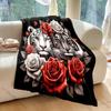 Tigers Surrounded By Vibrant Roses Pattern Blanket Flannel Material Soft Warm for All Seasons, Home Outdoor Camping Picnics RV