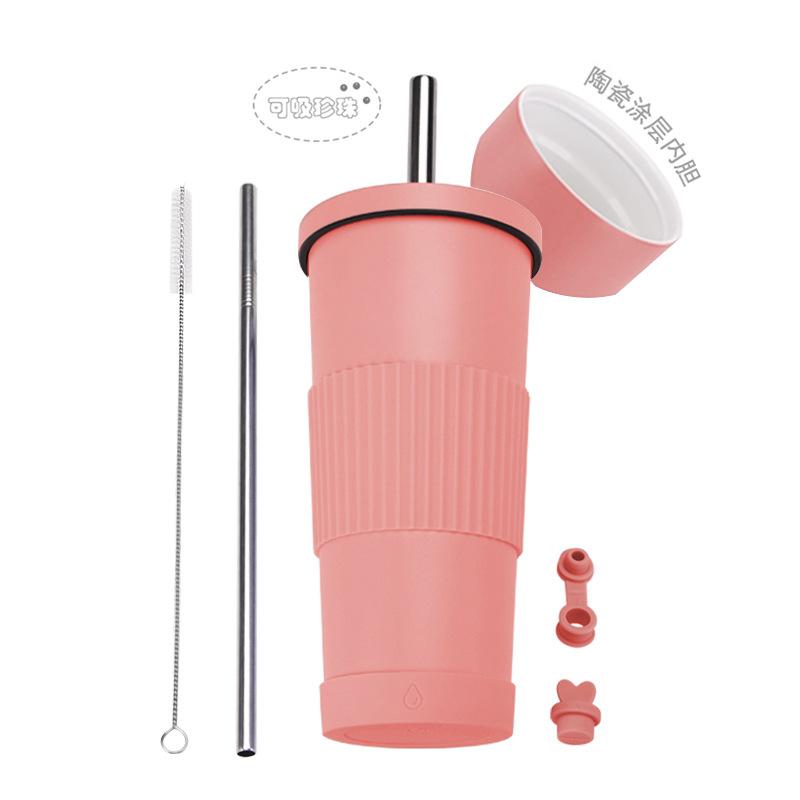 2025710Ml Stainless Steel Straw Cup Female Ceramic Liner Milk Tea Cup Non-Slip Portable Straw Thermos Cup