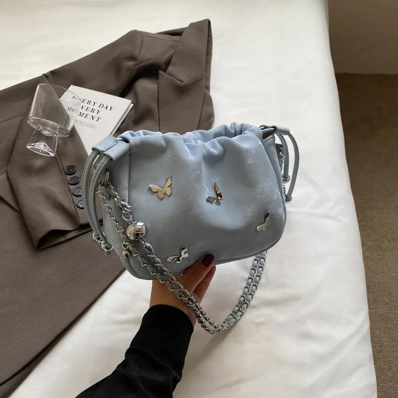 Single Shoulder Women's Crossbody Bag  Popular Small Silver Bag  New Butterfly Metal Design  Korean Cloud Style Bag