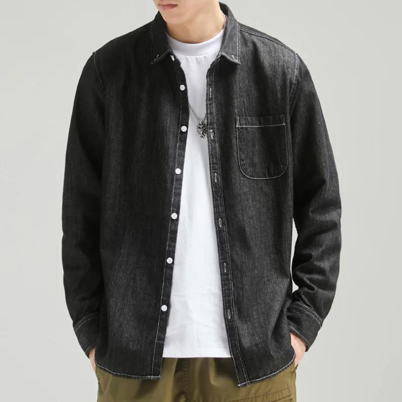 Spring and Summer Denim Shirts for Men Daily Casual Shirts Pure Cotton Lapel Collar Long Sleeve Men Shirt with Pocket Korean Fashion Men Tops