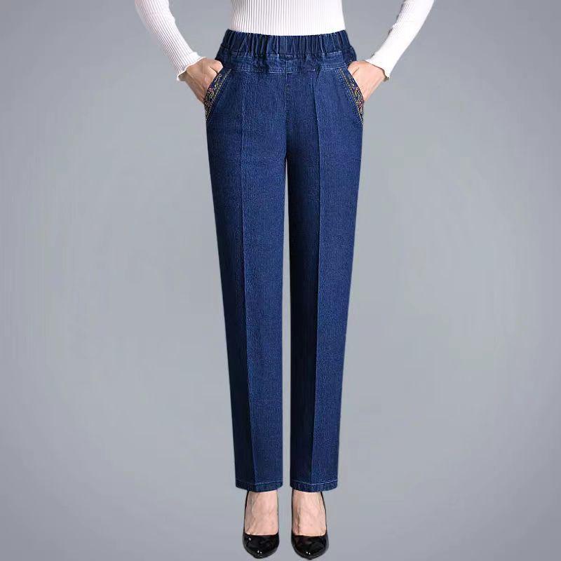 Women's Summer Straight-Leg Elastic-Waist Jeans: Stretch Slimming Trousers for Middle-Aged Moms, Loose-Fit High-Waisted