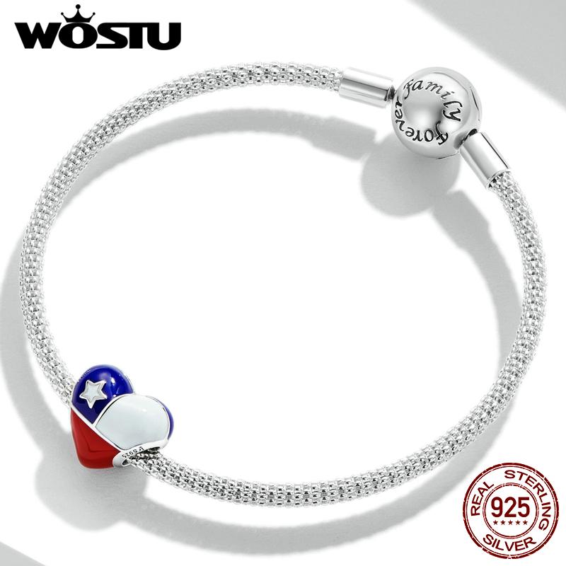 WOSTU 925 Sterling Silver Heart-shaped Chilean Flag Charm Bead Pendant Fit Original 3mm Bracelet Women Jewelry