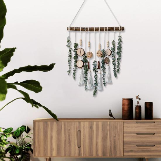 Bohemian Artificial Plants Hanging Tapestry, Handmade Tapestry with Wooden Beads Chips, Living Room Bedroom Wall Art Decoration