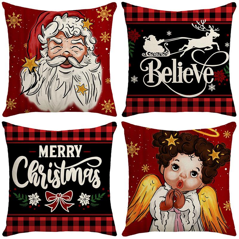 Santa Elk Cushion Cover Red Plaid Little Angel Print Cushion Cover Holiday Sofa Cushion Cover