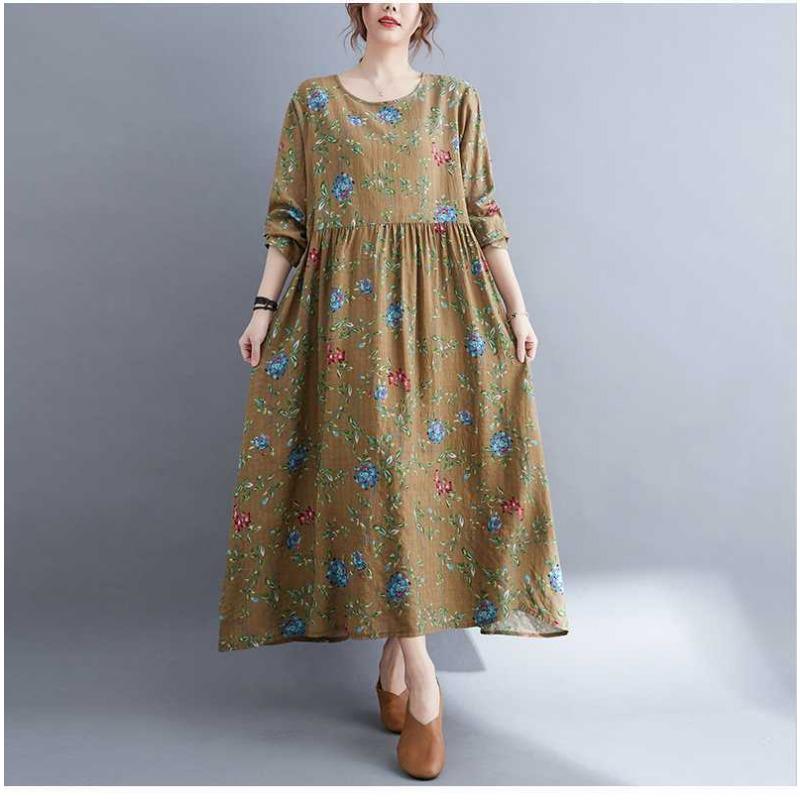 New Literary Plus Size Printed Long Sleeve Ethnic Style Dresses