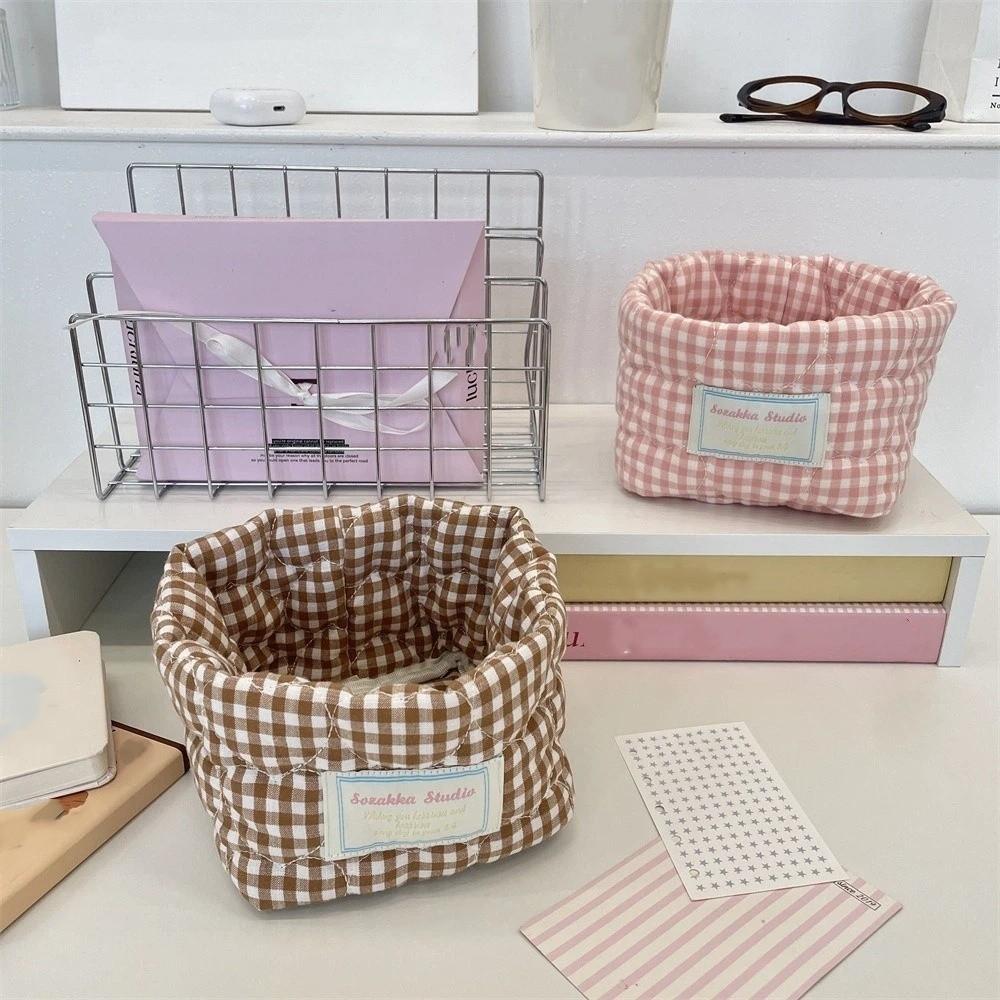 Plaid Stripe Grid Fabric Storage Basket Washable Desk Organize  Kitchen Supplies
