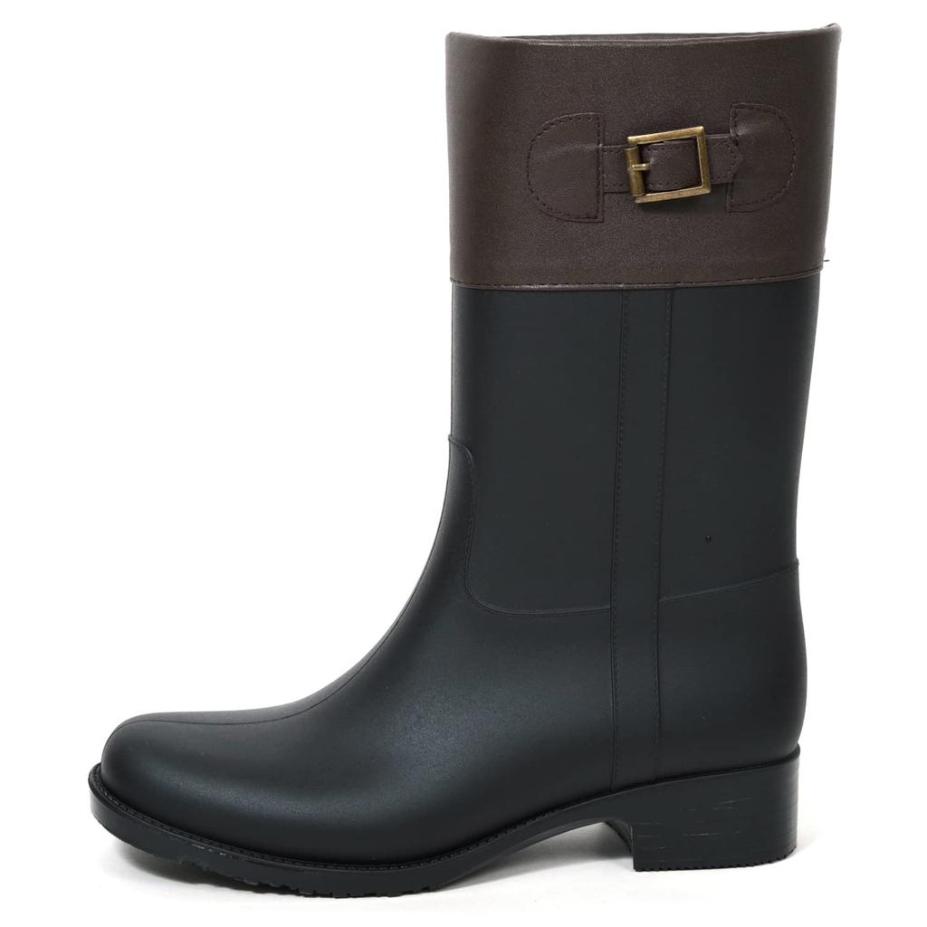 Akiriko Women's Jockey Style Mid-Length Rain Boots with Knitted Lining, Brown, Size L