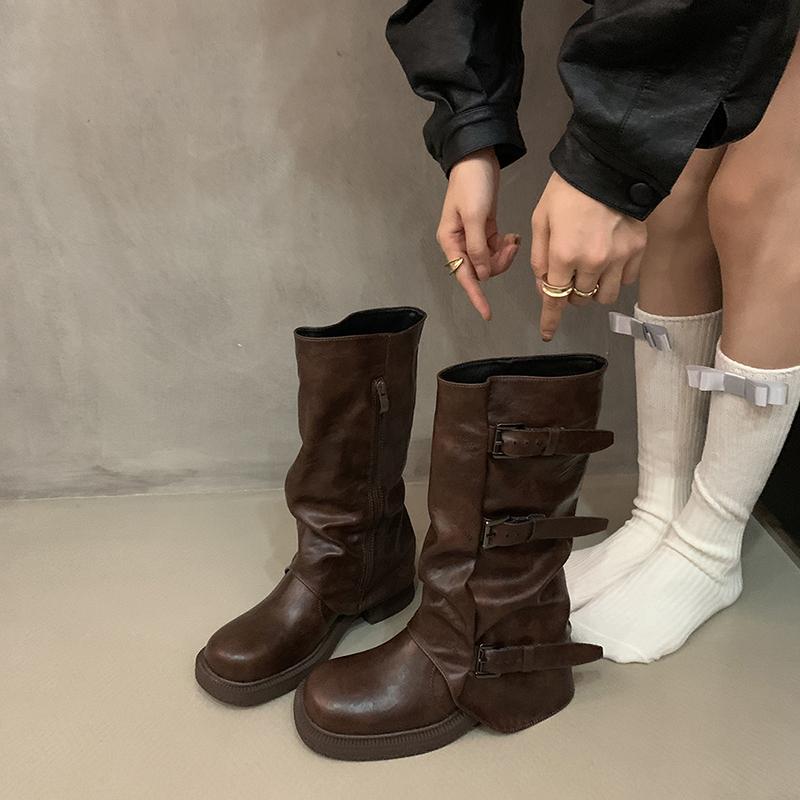 Vintage Women Western Knee High Boots Fashion Belt Buckle Shoes Autumn Winter Laides Concise Mid Calf Botas De Mujer