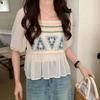 Chiffon Splicing Female Summer Unique Chic Design Sense Crochet Hollow Square Neck Blouse Casual Essential Comfort and Style Slim Fit Pullovers Tees
