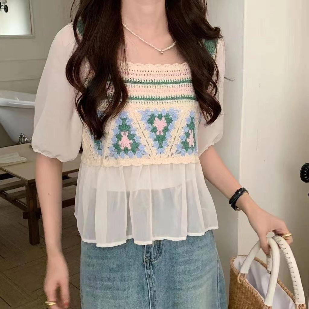 Chiffon Splicing Female Summer Unique Chic Design Sense Crochet Hollow Square Neck Blouse Casual Essential Comfort and Style Slim Fit Pullovers Tees