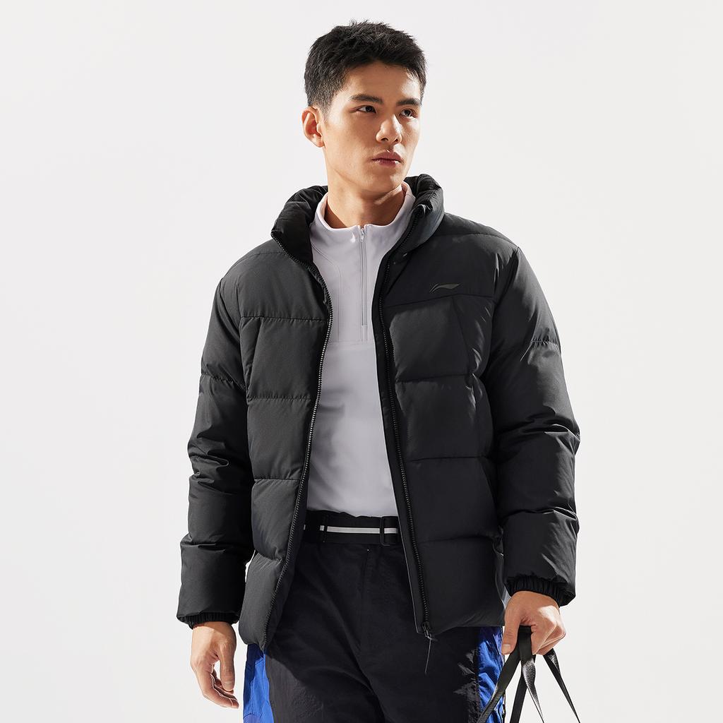 Li-Ning Water-Resistant Solid Color Stand Collar Zipper Comfortable Casual Versatile Short Winter Down Jacket Men Jackets Black AYMV769-1