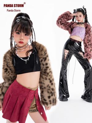 Ensemble Tendance Veste en Fausse Fourrure Imprimé Léopard et Pantalon Long pour Performance de Danse Jazz pour Filles