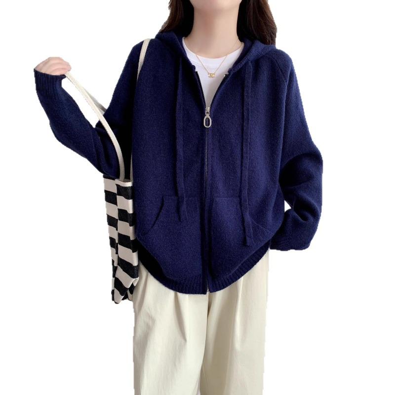 New Solid Color Lazy Wind Hooded Zipper Knitted Cardigan Casual Drawstring Sweater Thick Coat Women
